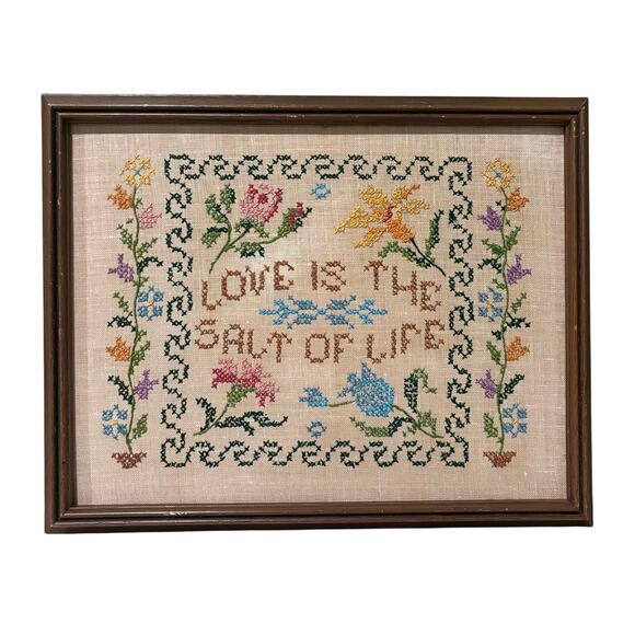 Marcus Brothers "Love Is The Salt of Life" Cross Stitched Print Framed Vintage - Picture 1 of 4